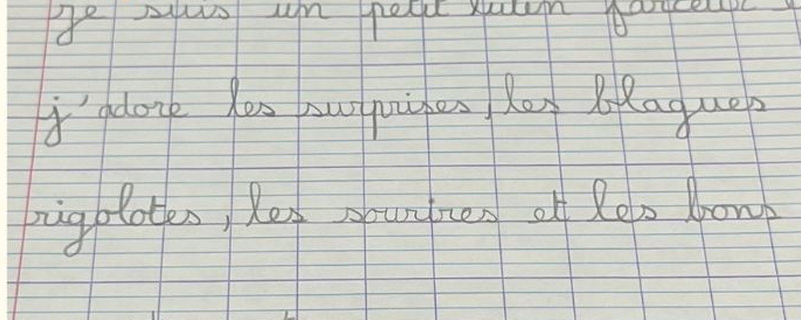 Écriture d'Elyna après 5 séances : le même texte, aux lettres régulières et posées